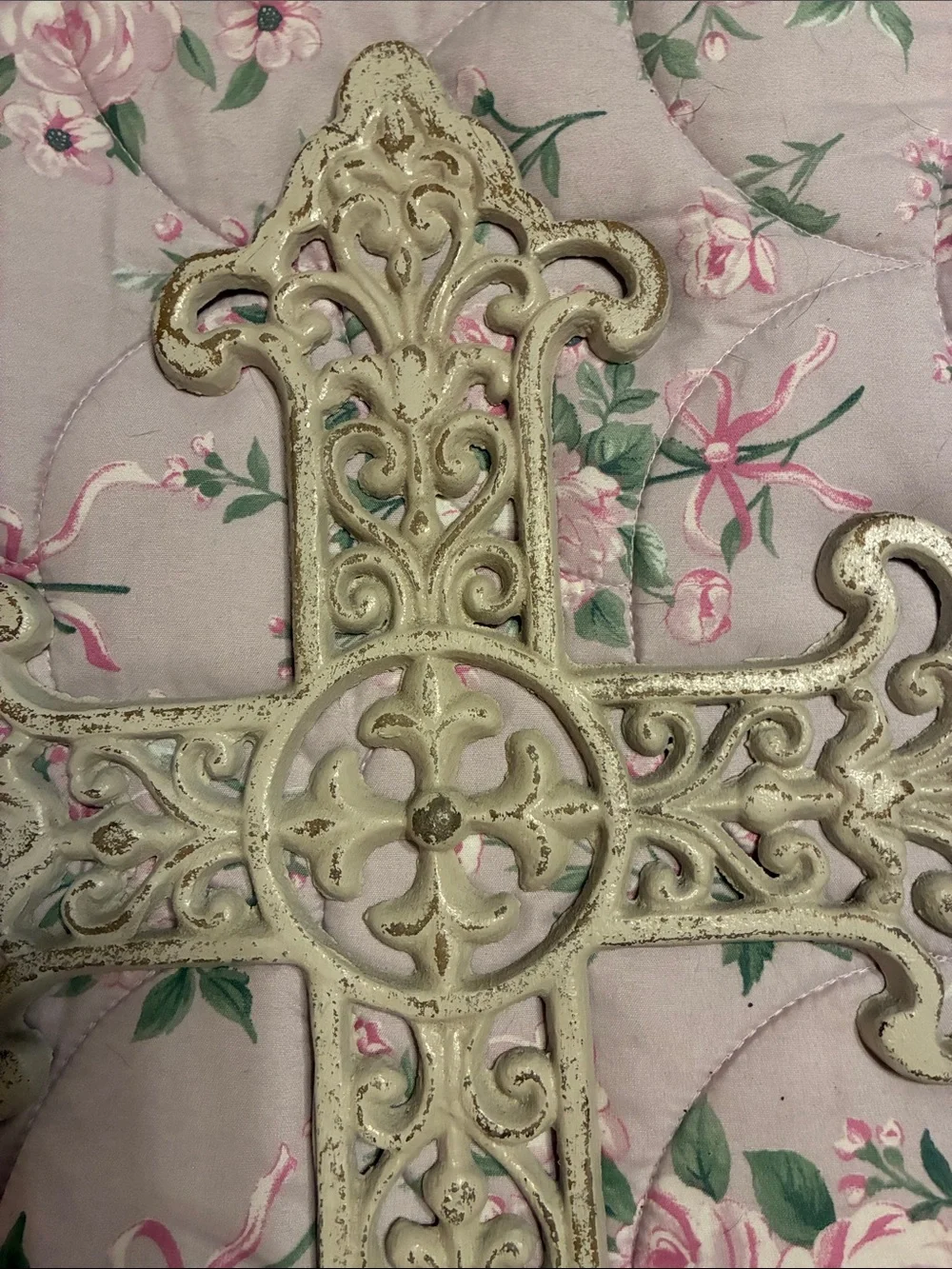Large Ornate Cast Iron Wall Cross in Distressed Cream